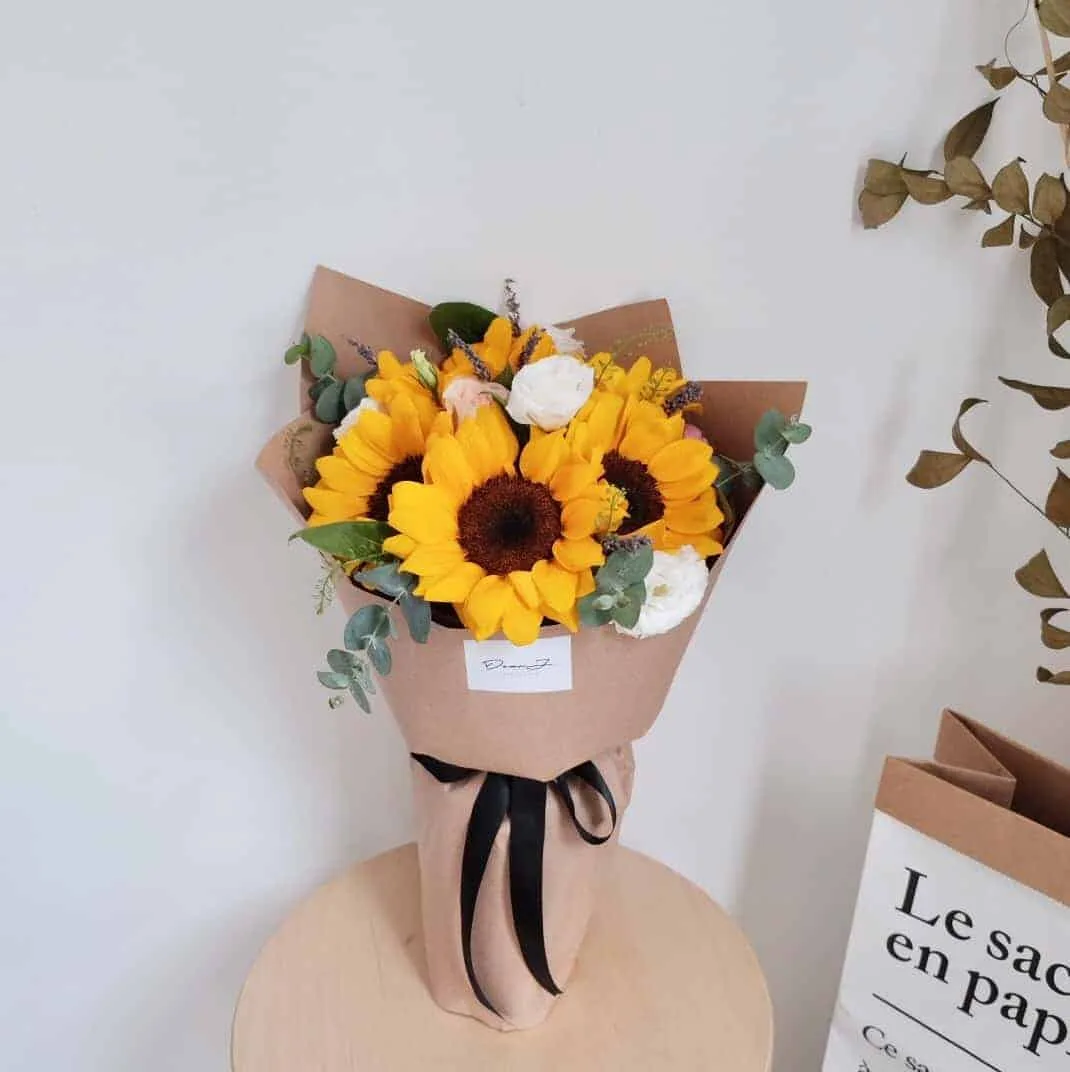 Sunflowers, Roses, Dried Lavender, Eustomas and Eucalyptus
