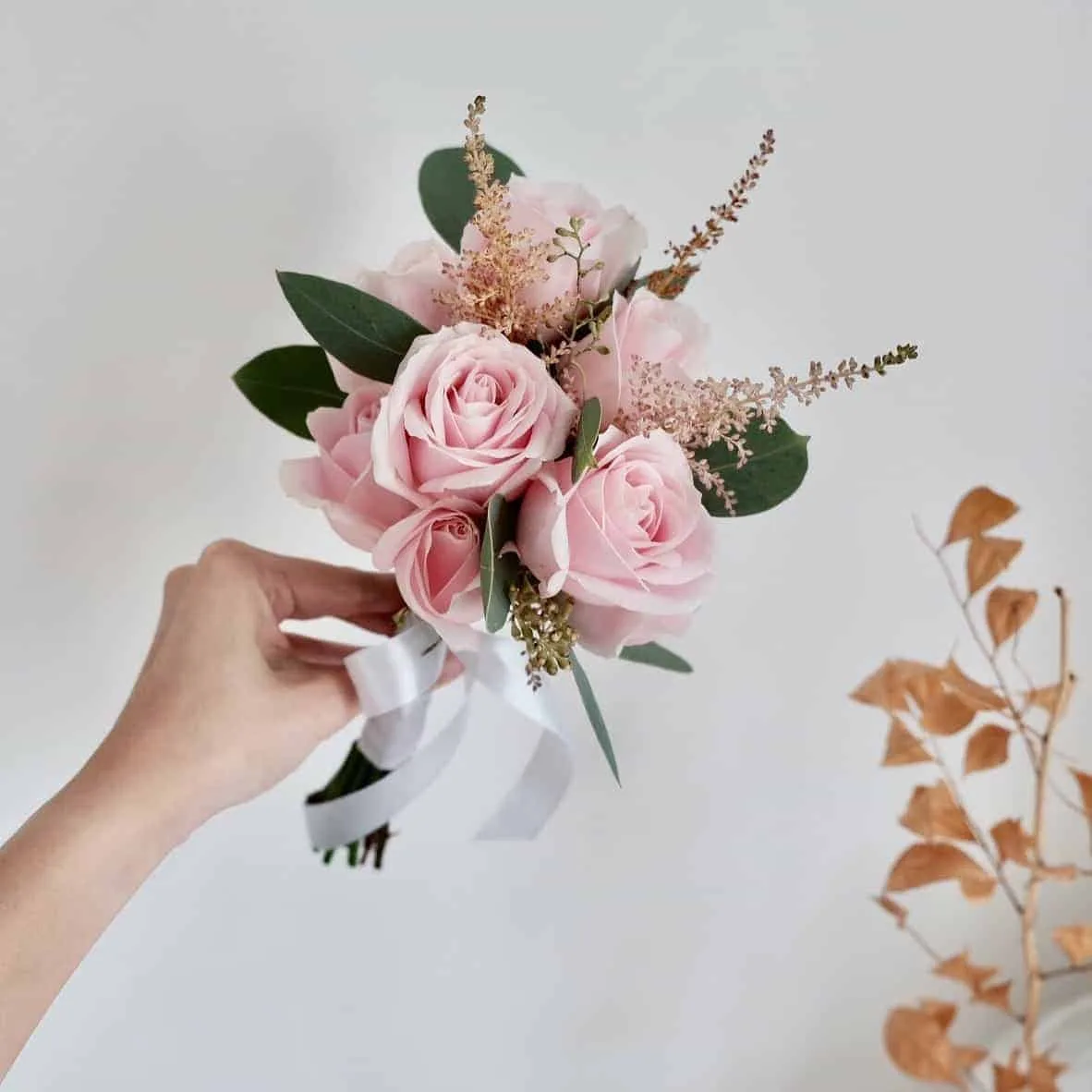 12 Avalanche Pink Roses, Astilbe and Eucalyptus Populus, tied with white ribbon